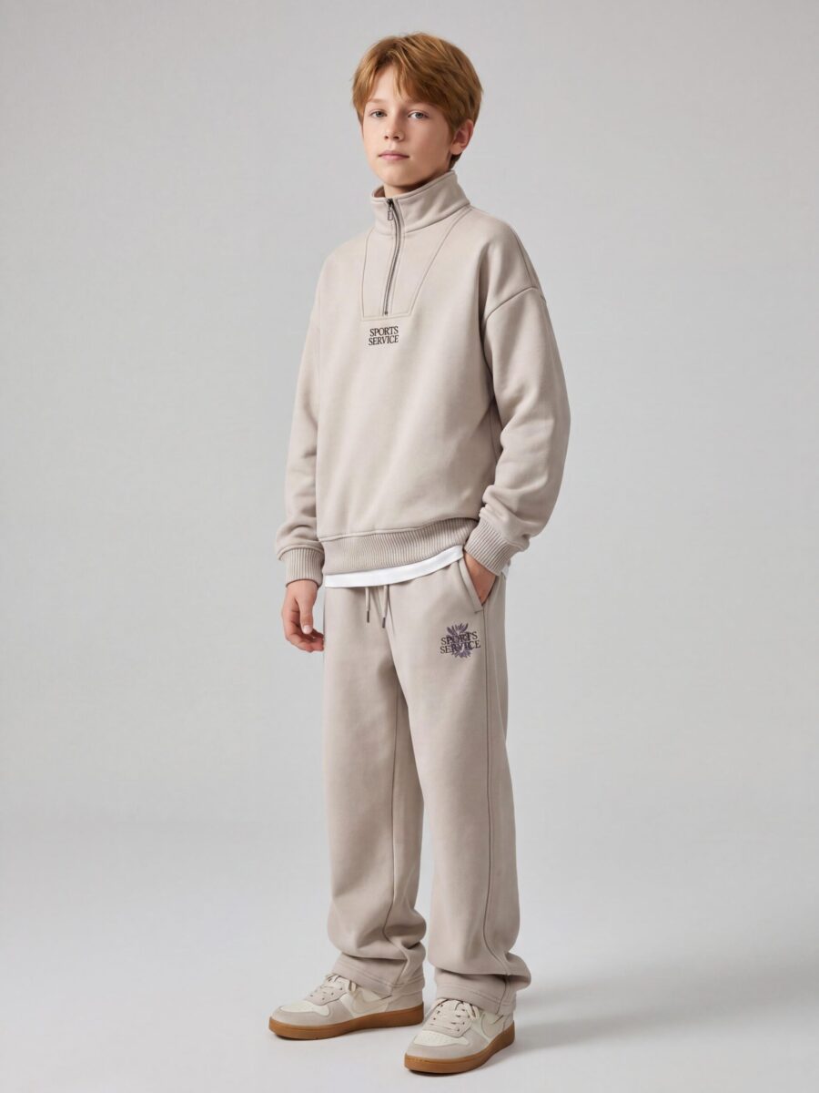 Boys Beige Half Zip Sweatshirt & Wide Leg Sweatpants 2 Piece