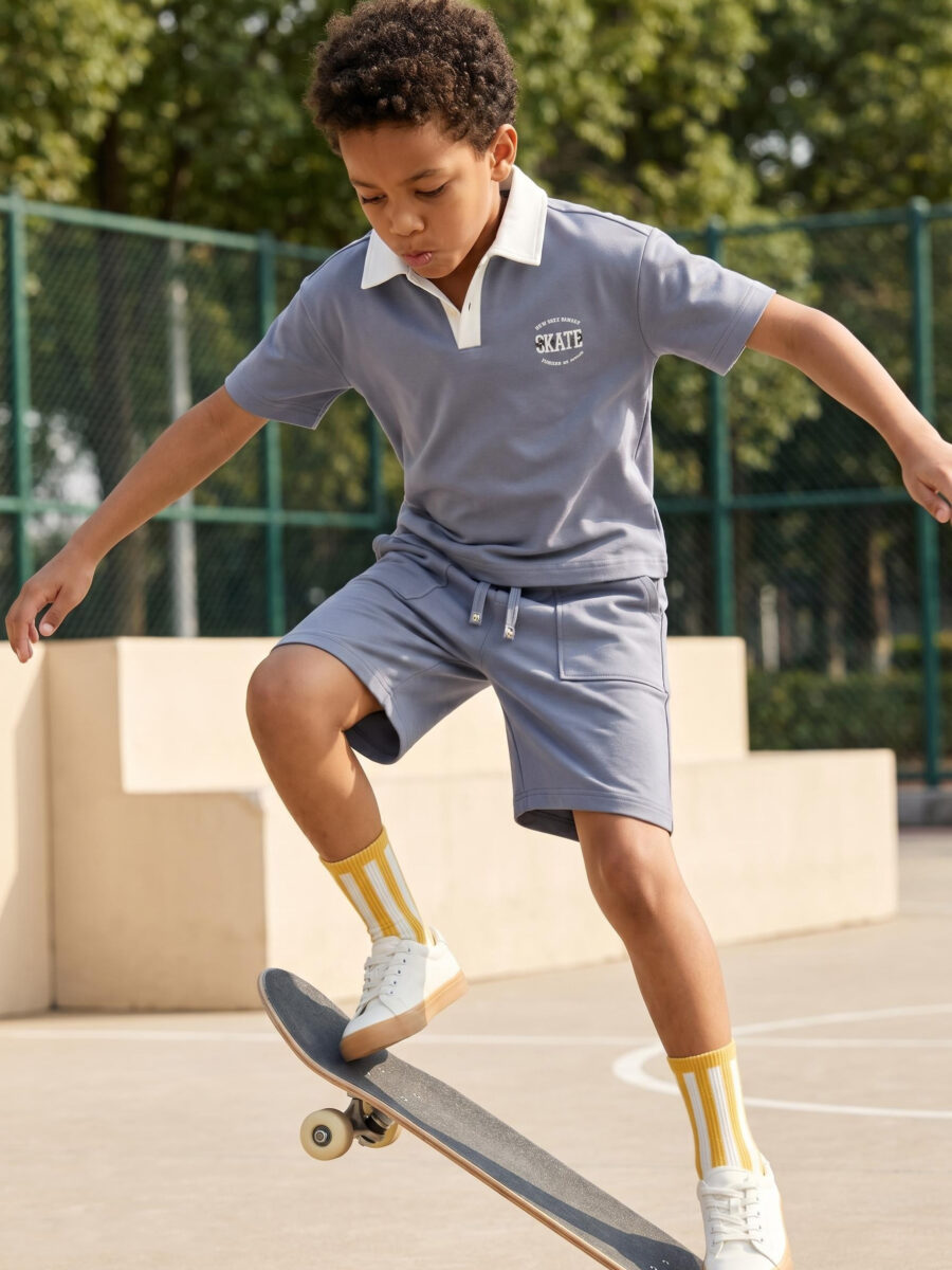 Boys Dusty Blue White Collar Polo Short Sleeve T-Shirt & Cargo Shorts 2 Piece
