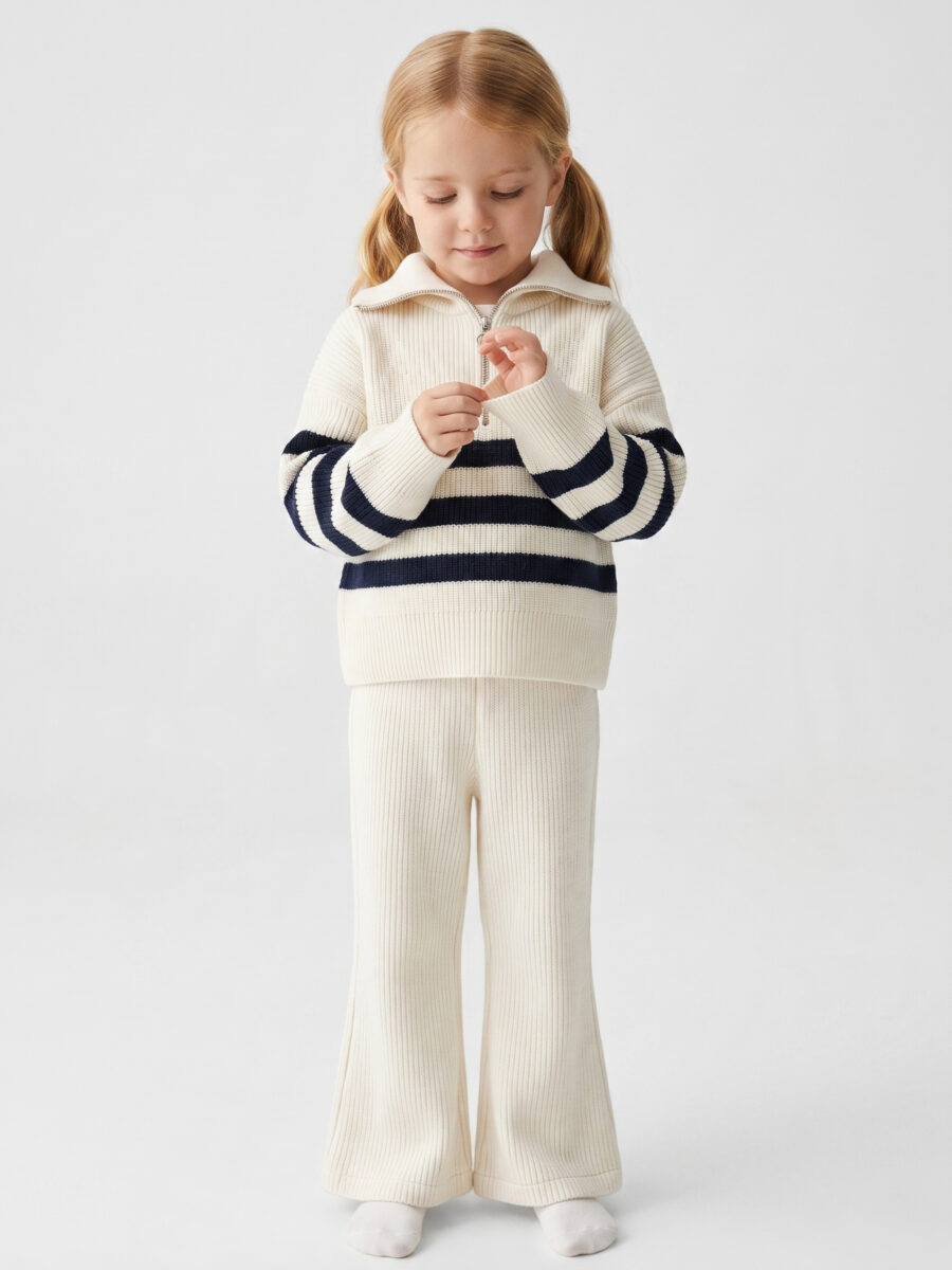 Girls Cream Black Stripe Half Zip Rib Knit Sweater & Flare Pants 2 Piece
