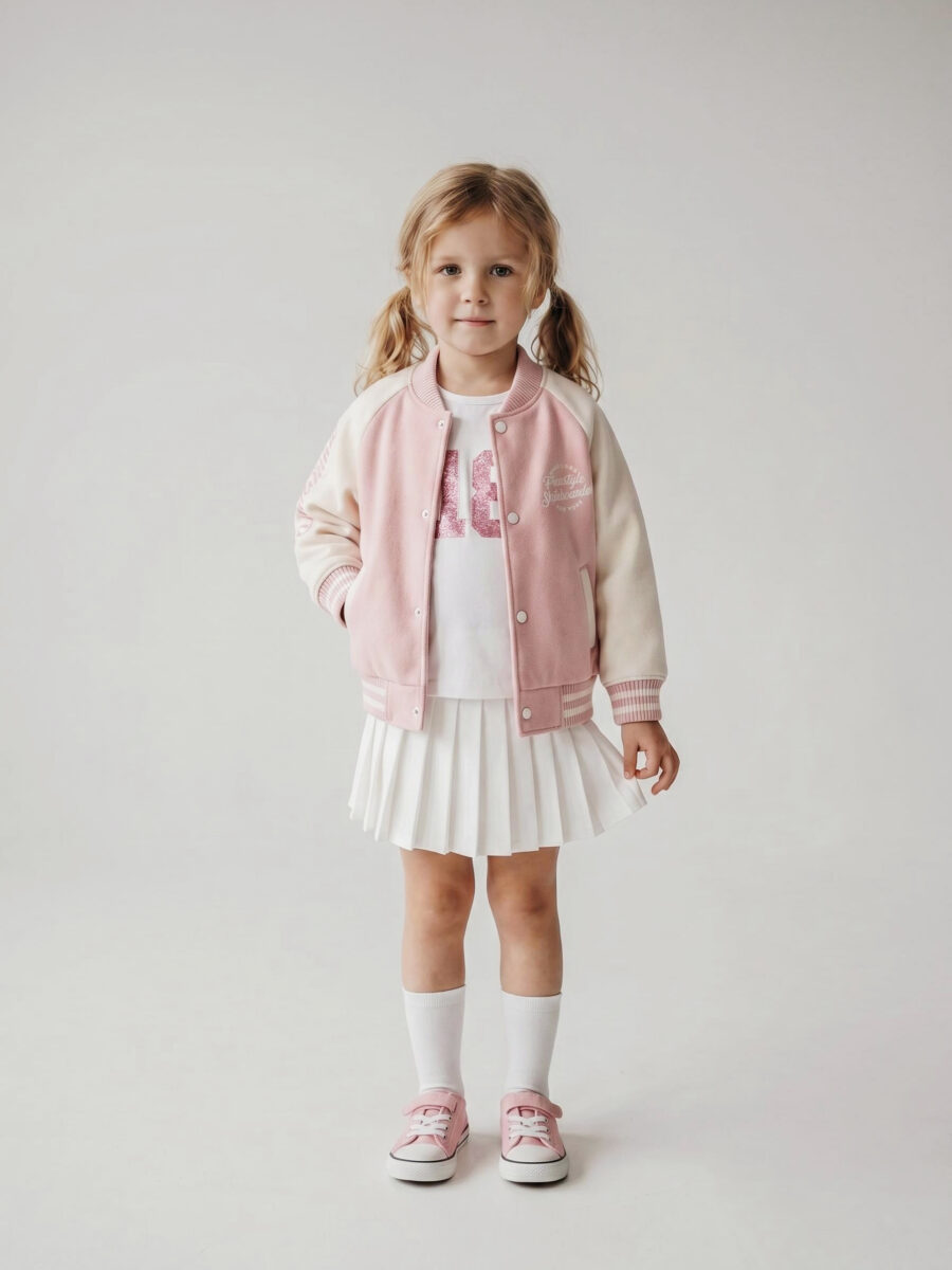 Girls Pink White Color Block Varsity Jacket