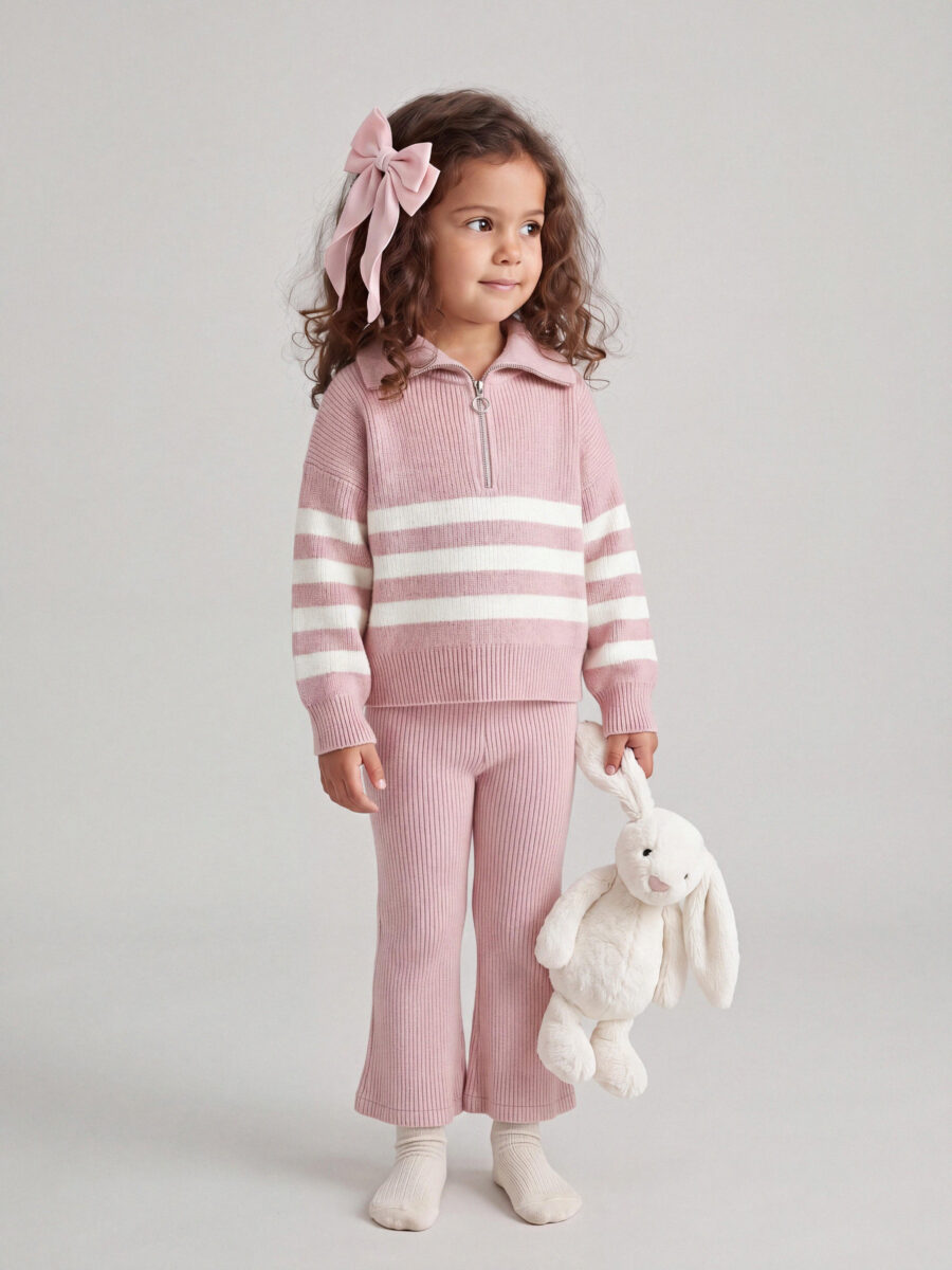Girls Dusty Pink White Stripe Half Zip Rib Knit Sweater & Flare Pants 2 Piece