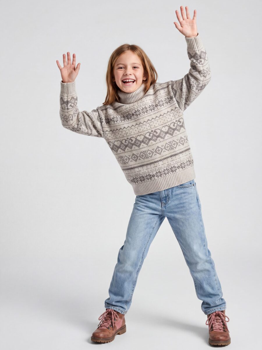 Girls Oat Fair Isle Jacquard Turtleneck Knit Sweater