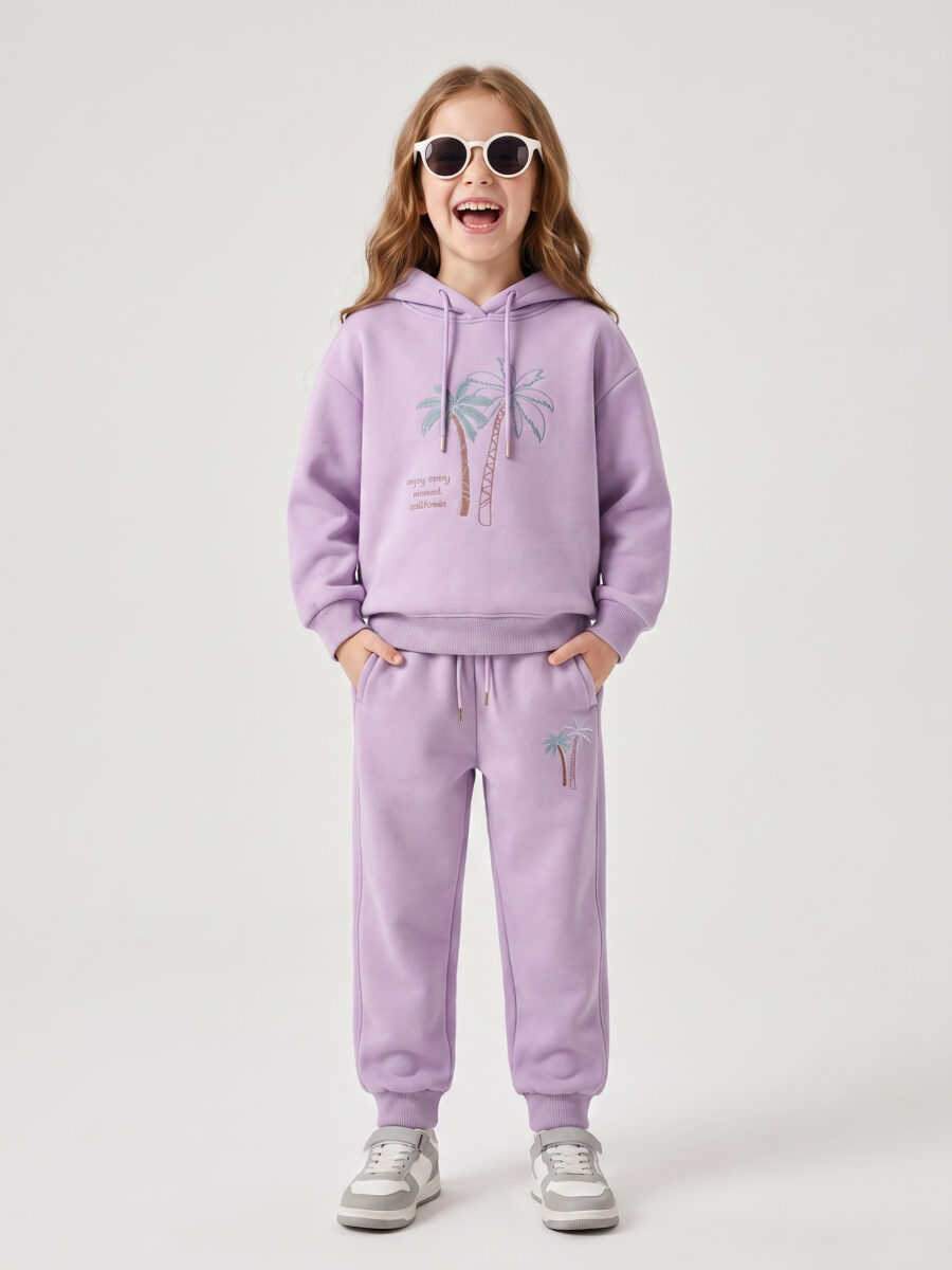 Girls Lavender Hoodie Sweat Suit Palm Tree Embroidery 2 Piece