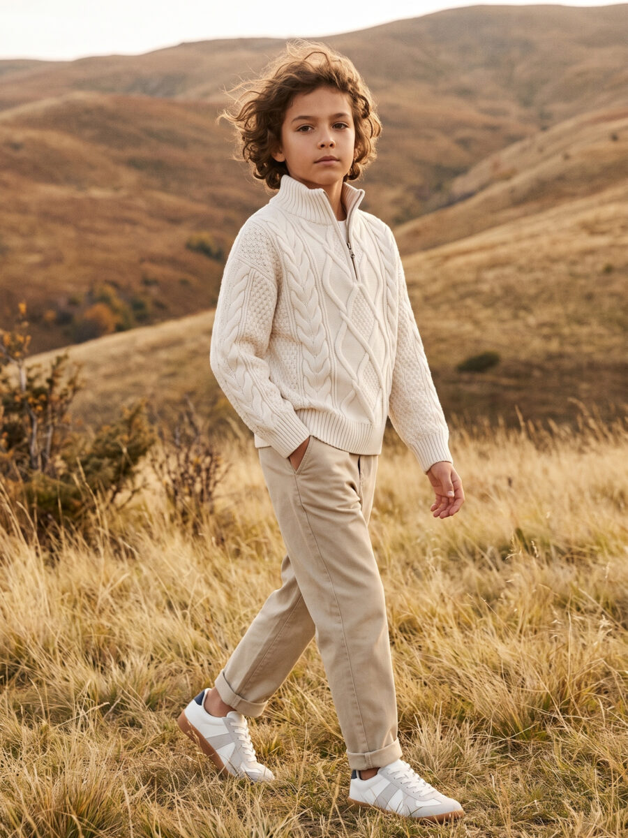 Boys Cream Cable Knit Half Zip Turtleneck Sweater