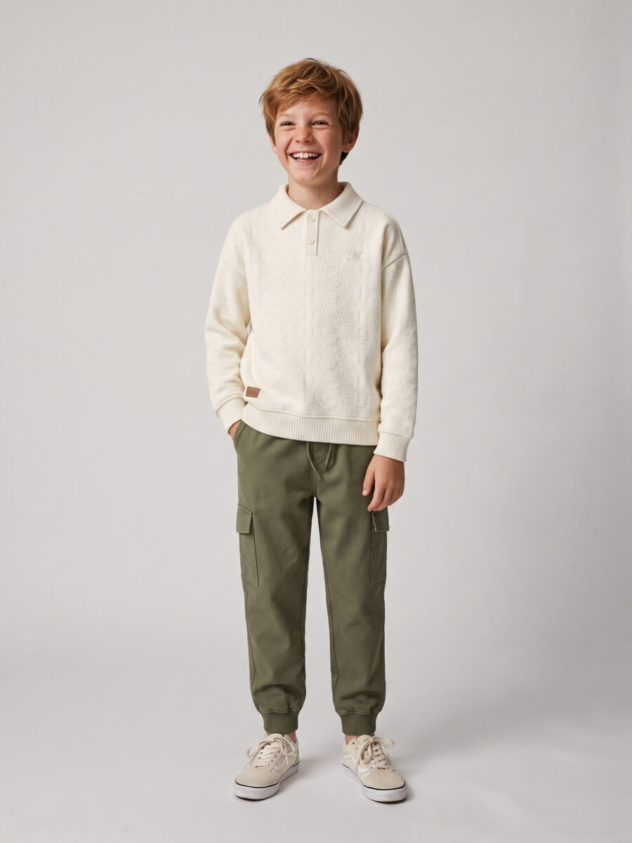 Boys Cream Jacquard Polo Sweatshirt & Army Green Cuffed Cargo Pants 2 Piece
