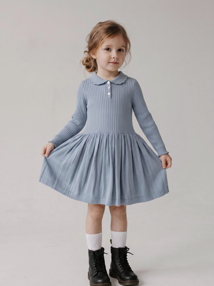 Girls Blue Ribbed Knit Peter Pan Collar Dress – Long Sleeve A-Line Casual Dress