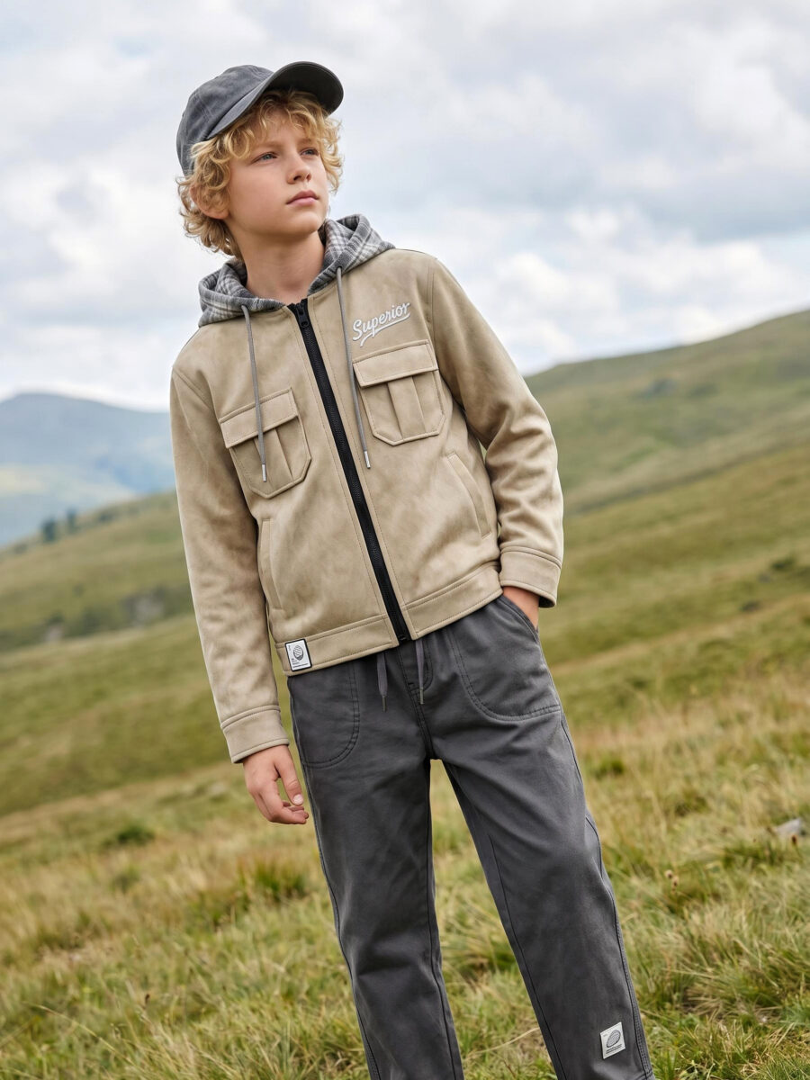 Boys Khaki Suede Zip Up Hooded Jacket & Dark Grey Twill Woven Ankle Pants 2 Piece