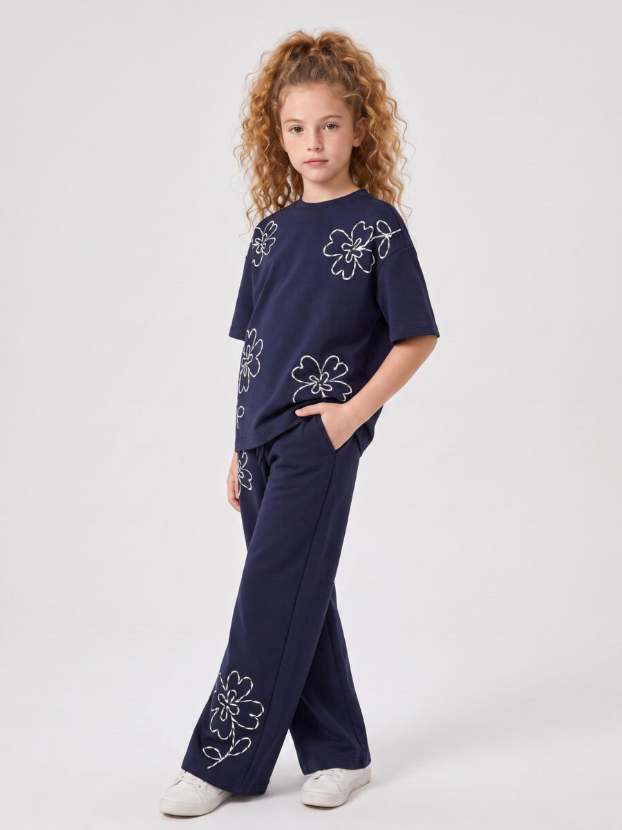 Girls Navy Thick Thread 3D Floral Embroidery Short Sleeve T-Shirt & Matching Wide Leg Sweat Pants 2 Piece