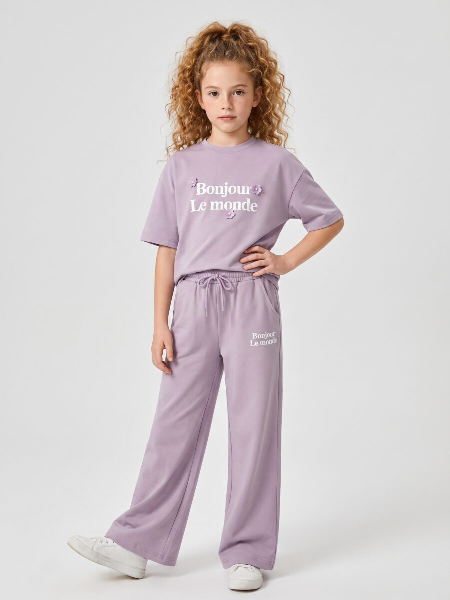Girls Lavender 3D Fabric Flower French Letter Short Sleeve T-Shirt & Matching Wide Leg Sweat Pants 2 Piece