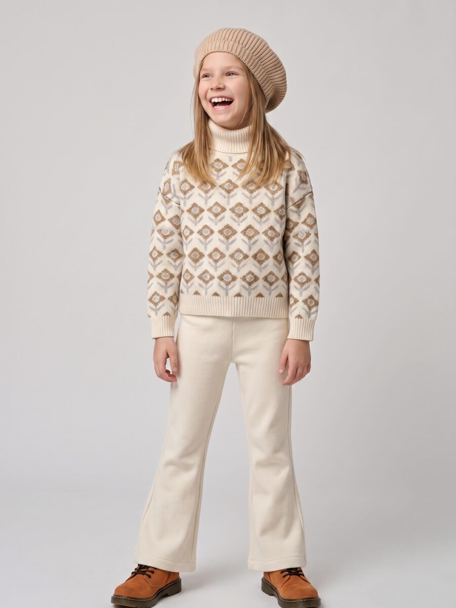 Girls Cream Fair Isle Geo Floral Turtleneck Knit Sweater & Ivory Twill Flare Pants 2 Piece