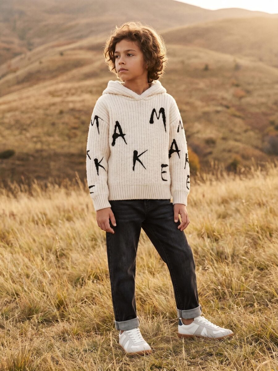 Boys Cream Waffle Rib Knit Hooded Sweater