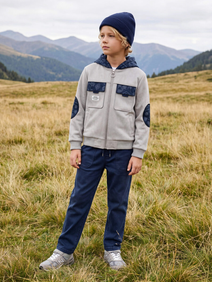 Boys Light Grey Suede Bomber Jacket & Dark Twill Woven Cargo Pants 2 Piece