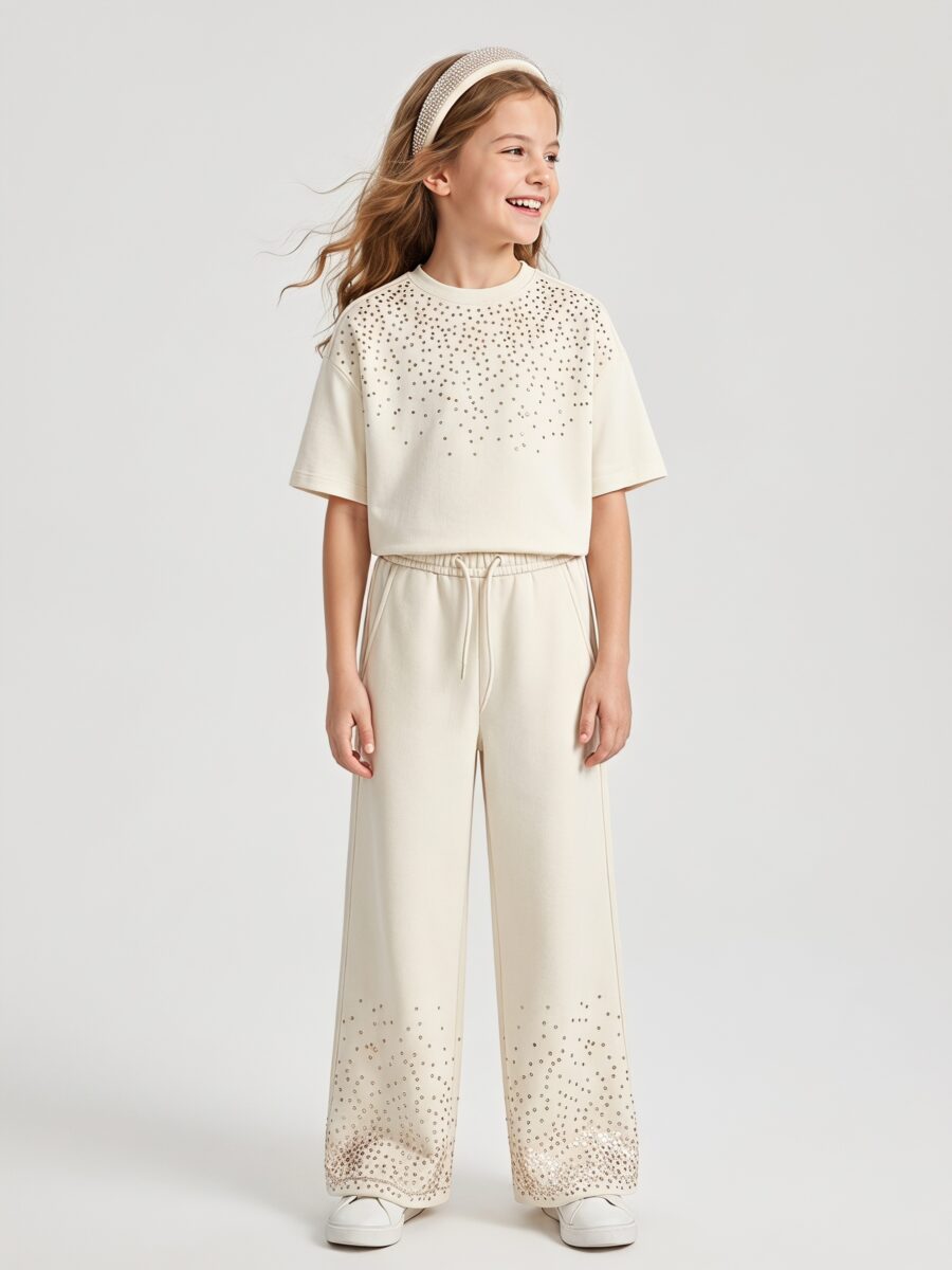 Girls Cream Gradient Rhinestone Short Sleeve T-Shirt & Wide Leg Sweat Pants 2 Piece