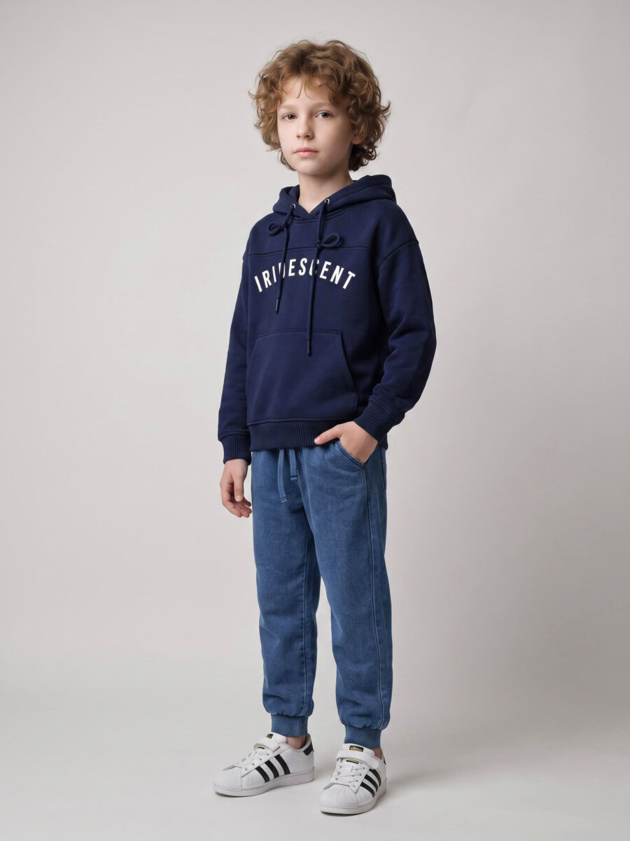 Boys Navy Hoodie Sweat Suit Knit Denim Jogger Pants 2 Piece