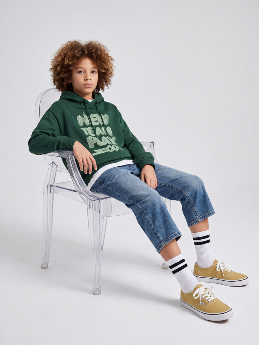 Boys Dark Green Graphic Hoodie & Loose Cropped Jeans 2 Piece