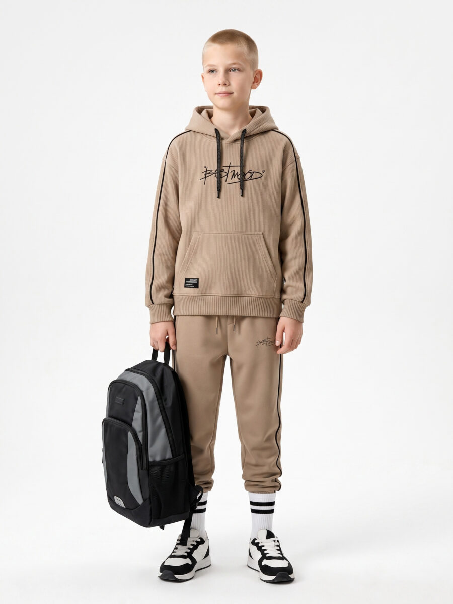 Boys Khaki Waffle Knit Hoodie Sweat Suit 2 Piece