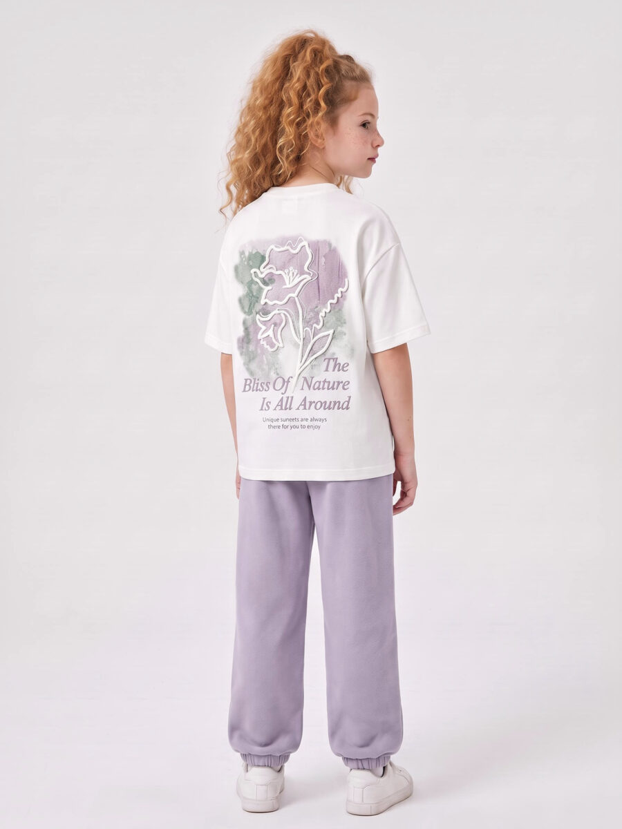 Girls Off White Double Sided Towel Embroidery Floral Short Sleeve T-Shirt & Light Purple Towel Letter Jogger Pants 2 Piece