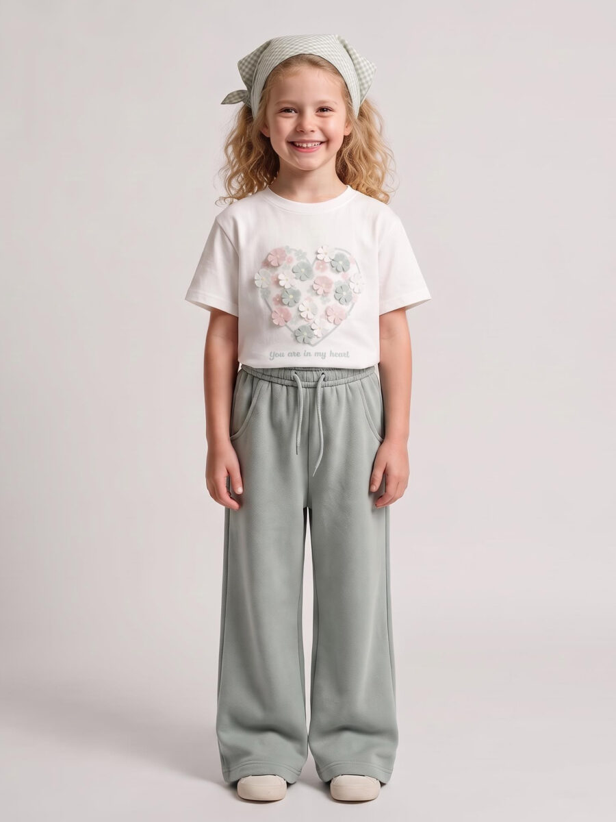 Girls White 3D Chiffon Floral Heart Graphic Short Sleeve T-Shirt & Sage Green Flare Sweat Pants 2 Piece