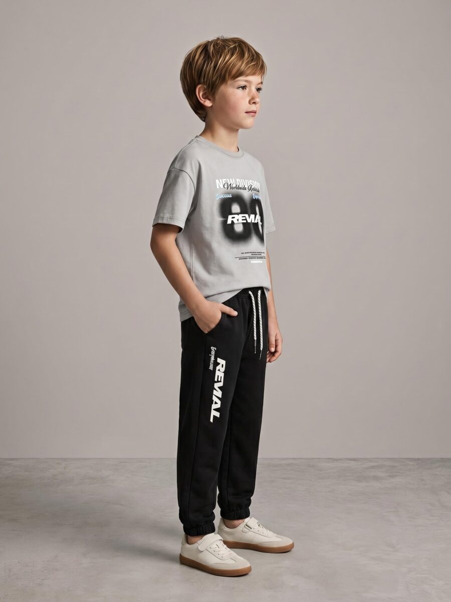 Boys Light Grey Graphic Crew Neck T-Shirt & Black Letter Jogger Pants 2 Piece