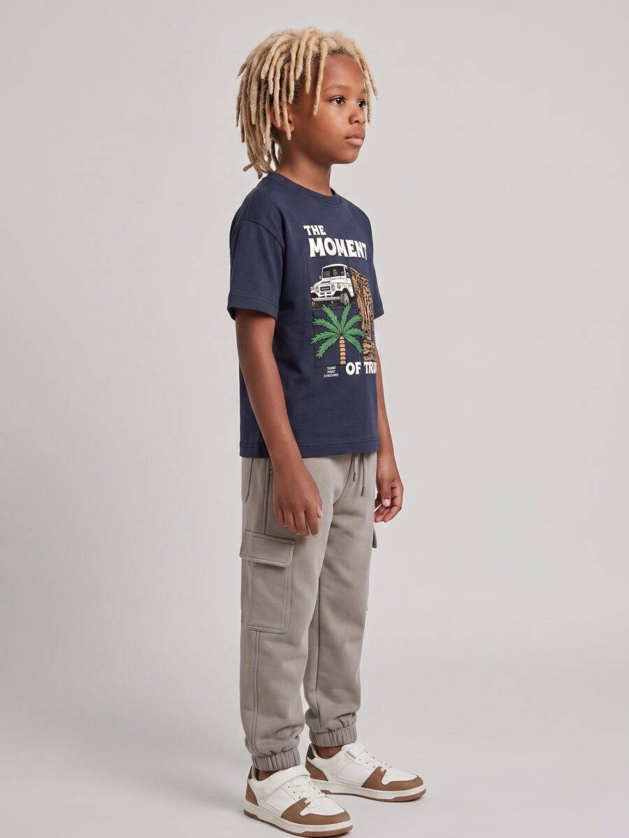 Boys Navy Graphic Crew Neck T-Shirt & Light Grey Cargo Jogger Pants 2 Piece