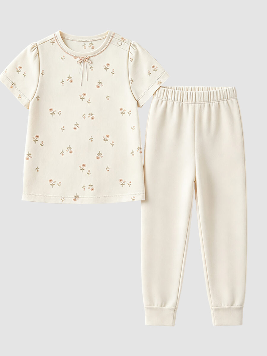 Baby Cotton Floral Short-Sleeve Pajamas Set with Bow