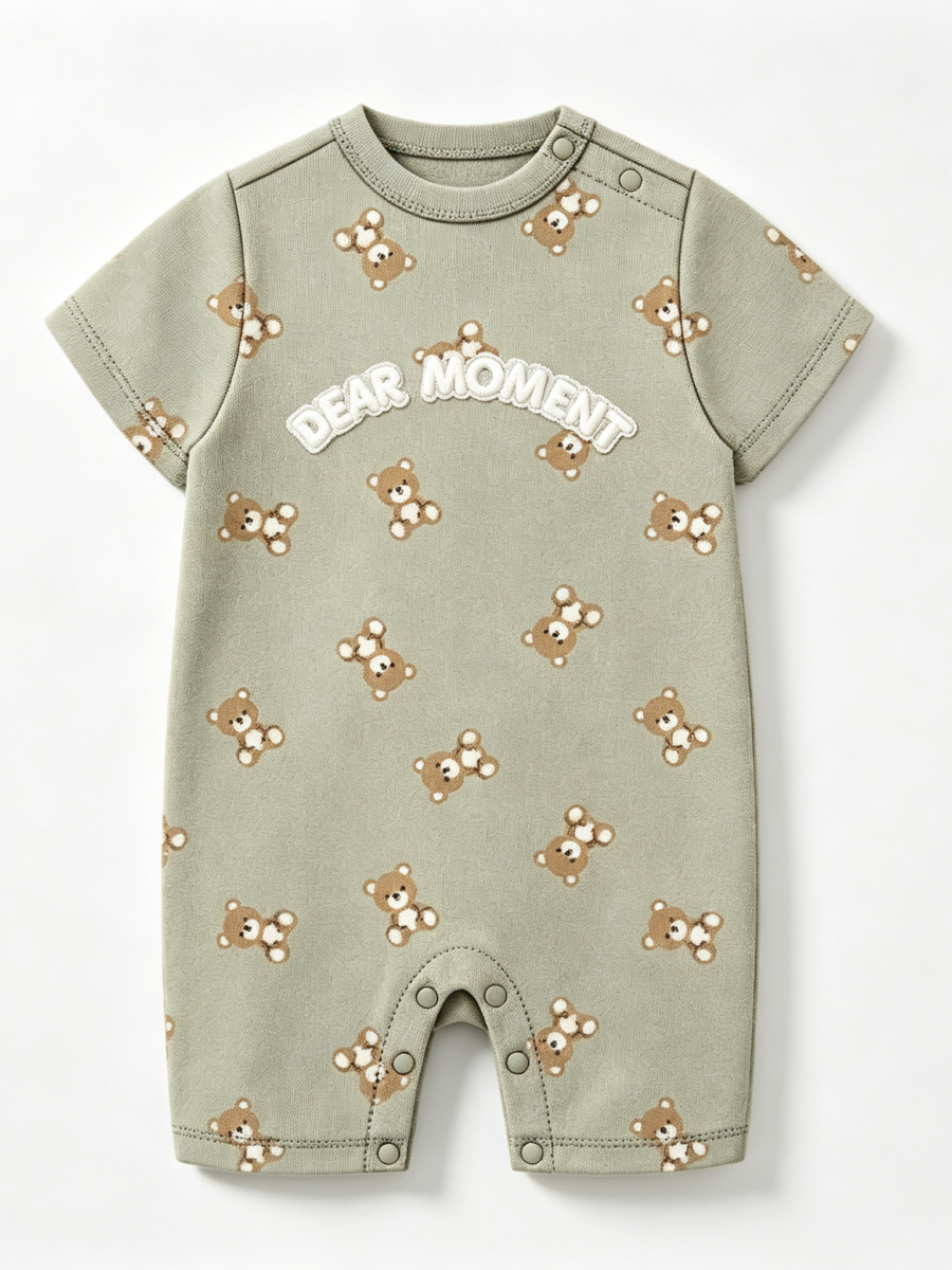 Baby Cotton Short-Sleeve Bear Print Romper with Embroidery