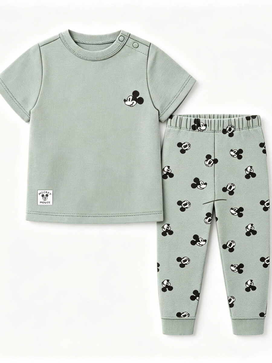 Baby Cotton Cartoon Print Short-Sleeve Pajamas Set with Woven Label