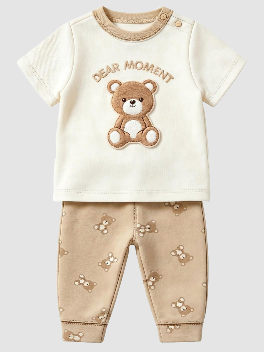 Baby Cotton Short-Sleeve Bear Embroidery Pajamas Set