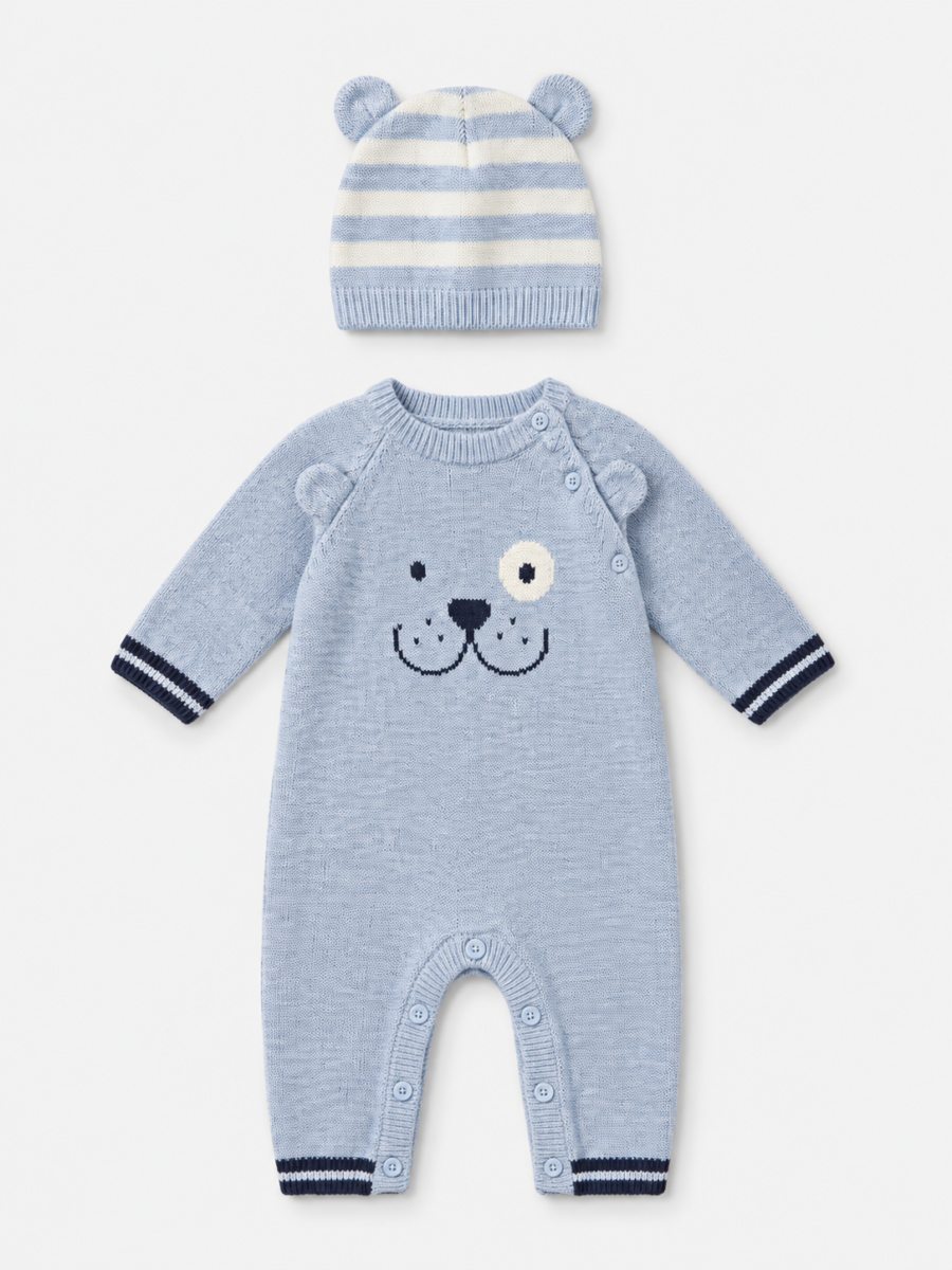 Baby Winter Color Block Knit Romper, Bear Jacquard Sweater Onesie with Matching Hat
