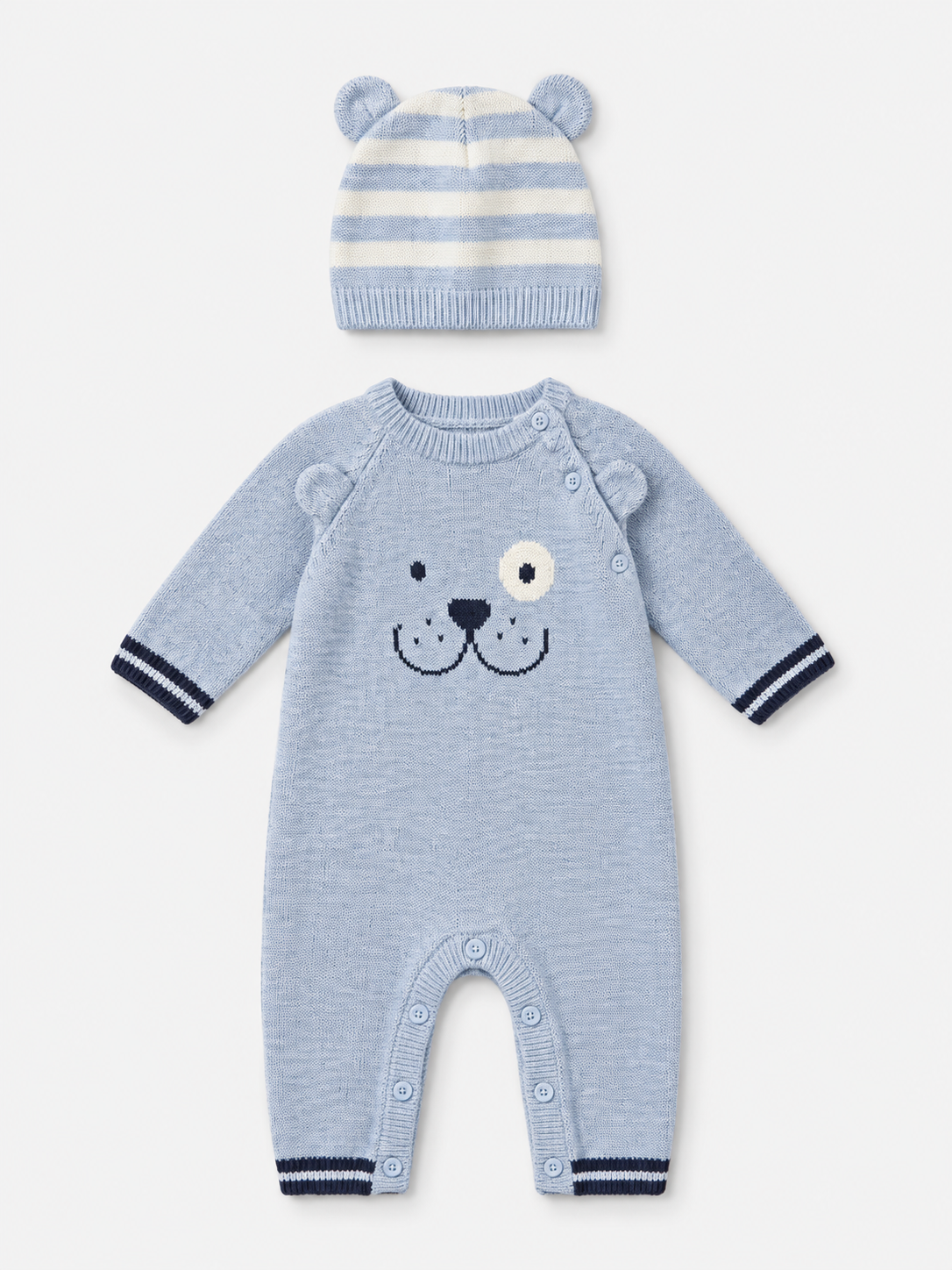 Baby Winter Color Block Knit Romper, Bear Jacquard Sweater Onesie with Matching Hat