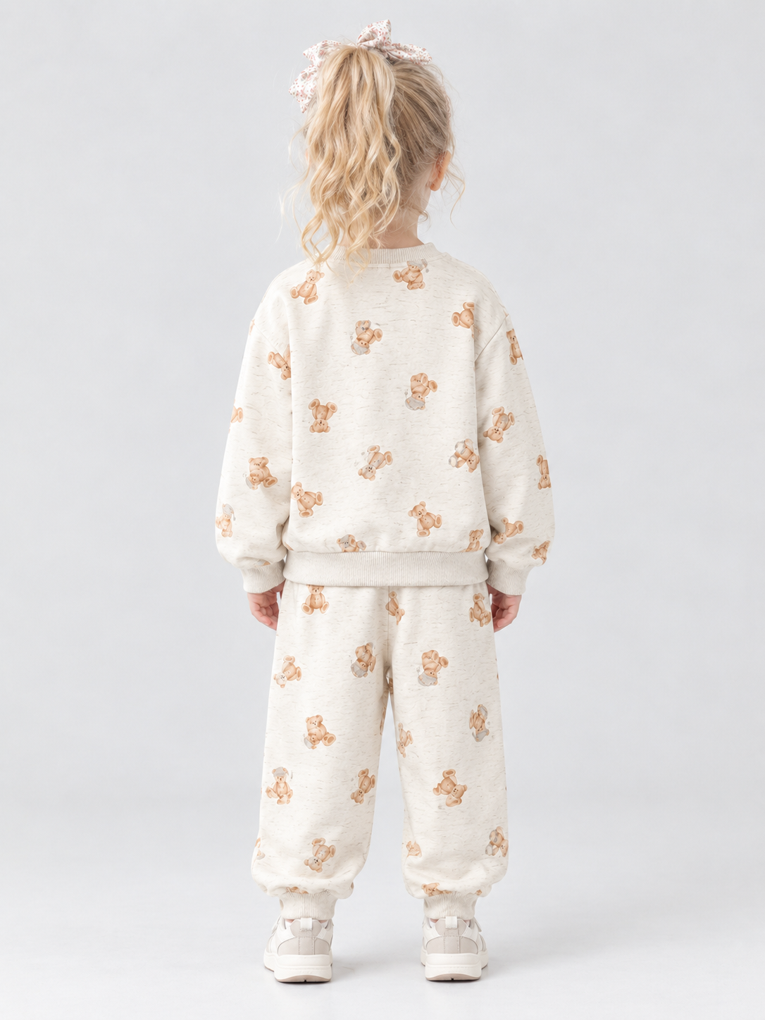 Cream All-Over Teddy Bear Print Sweatshirt and Pants Set - 图片 2