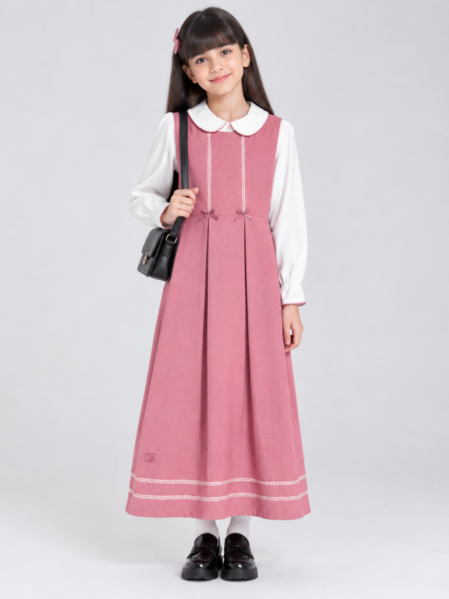 Classic Girls Academic Style Plaid Ribbon Trim Uniform Dress Set