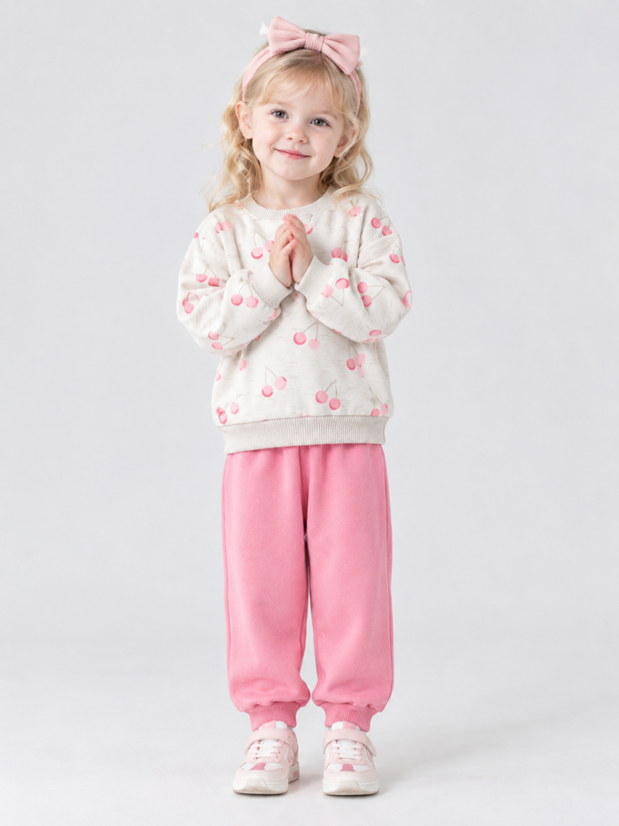Kids Winter Thickened Cherry Print Sweatshirt & Jogger Pants Set