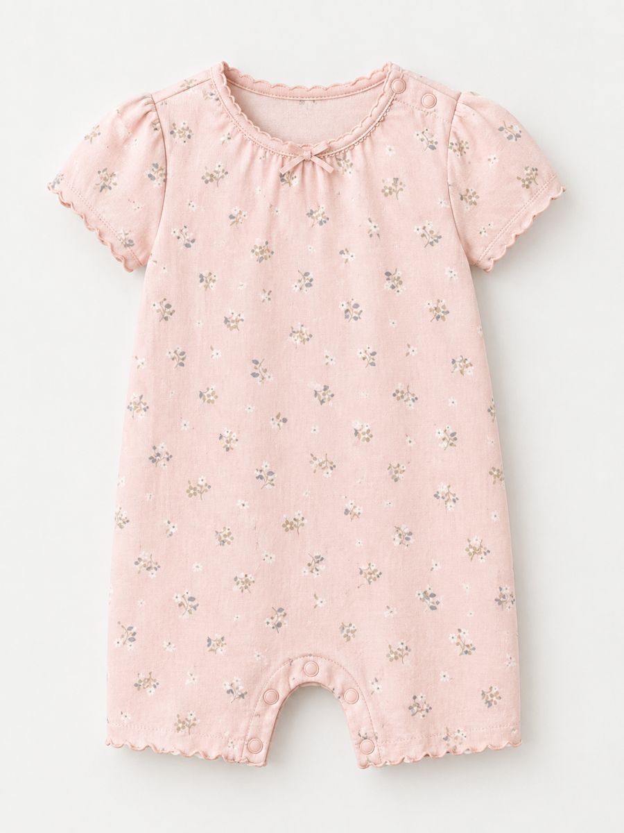Baby Lightweight Floral Short Sleeve Romper, Lettuce Edge Baby Onesie