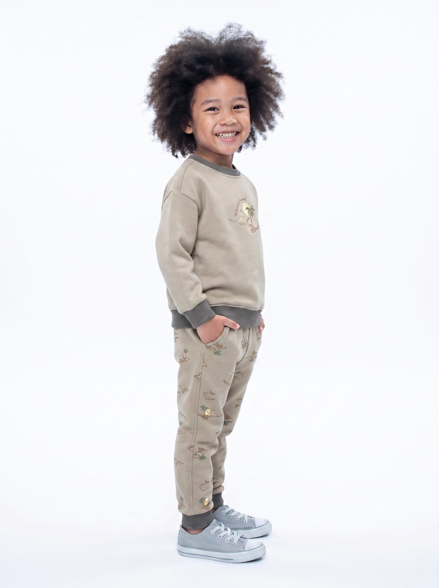 ids Autumn Winter Dinosaur Print Sweatshirt Set, Boys Long Sleeve Crew Neck Top & All Over Print Jogger Pants 2-Piece Outfit
