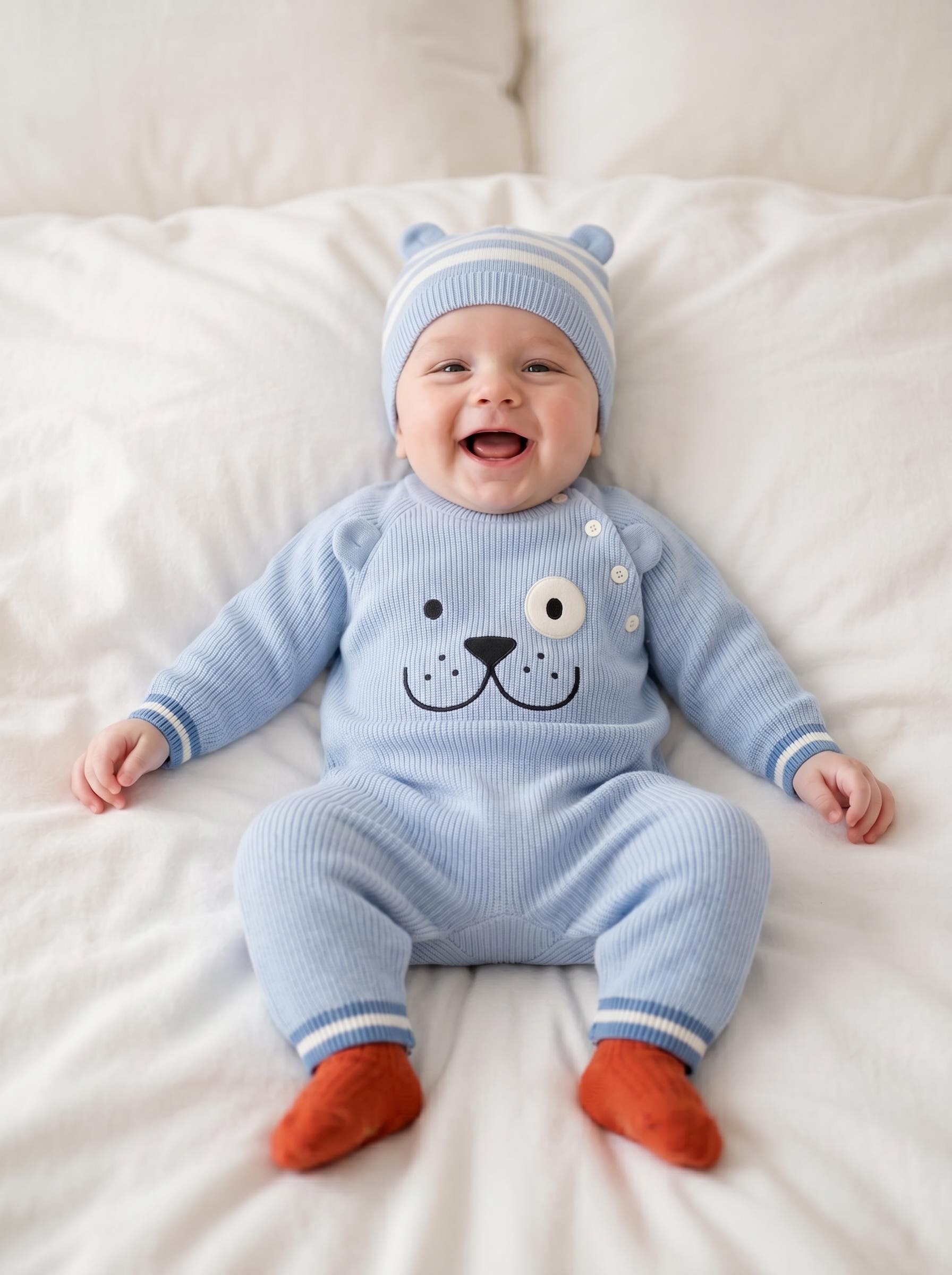 Baby Winter Color Block Knit Romper, Bear Jacquard Sweater Onesie with Matching Hat - 图片 2
