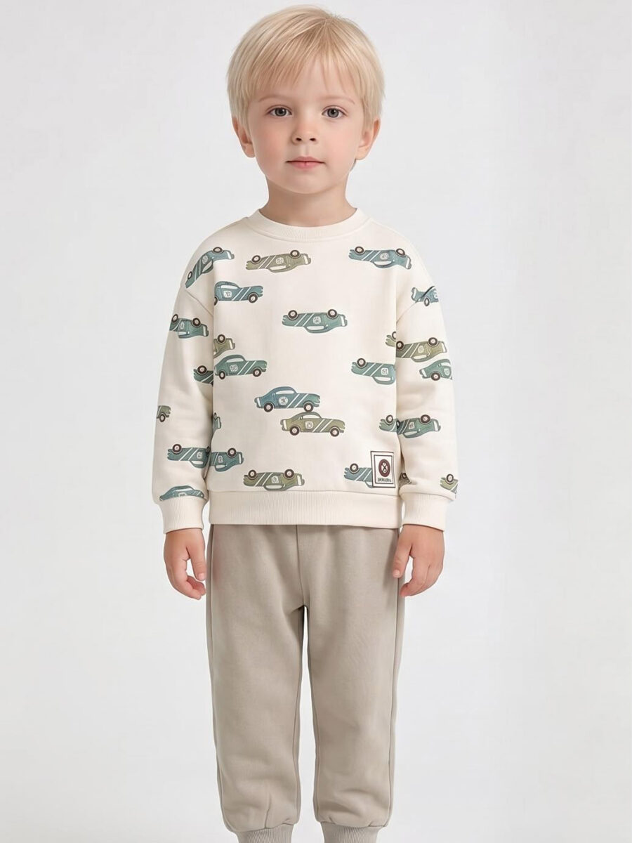 Kids Autumn Winter All-over Car Print Sweatshirt Set, Toddler Crew Neck Top & Jogger Pants 2-Piece Outfit