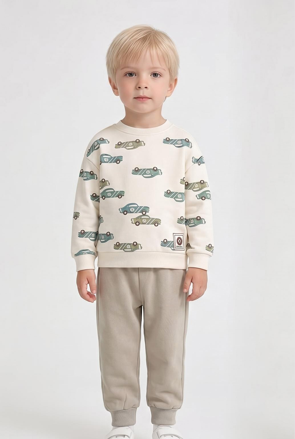 Kids Autumn Winter All-over Car Print Sweatshirt Set, Toddler Crew Neck Top & Jogger Pants 2-Piece Outfit