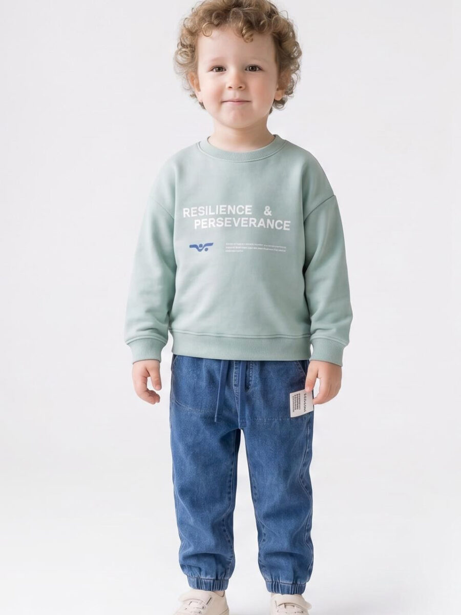 Kids Autumn Winter Letter Print Sweatshirt 2-Piece Set, Toddler Crew Neck Top & Knit Denim-Look Jogger Pants Outfit